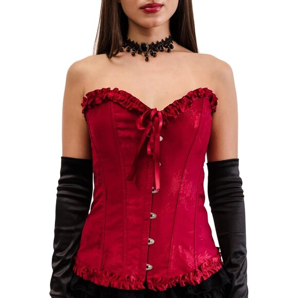 Womens Burgundy  AI Floral Corset Top Overbust Bustier Ribbon Bow Ruffle Trim - Picture 1 of 6